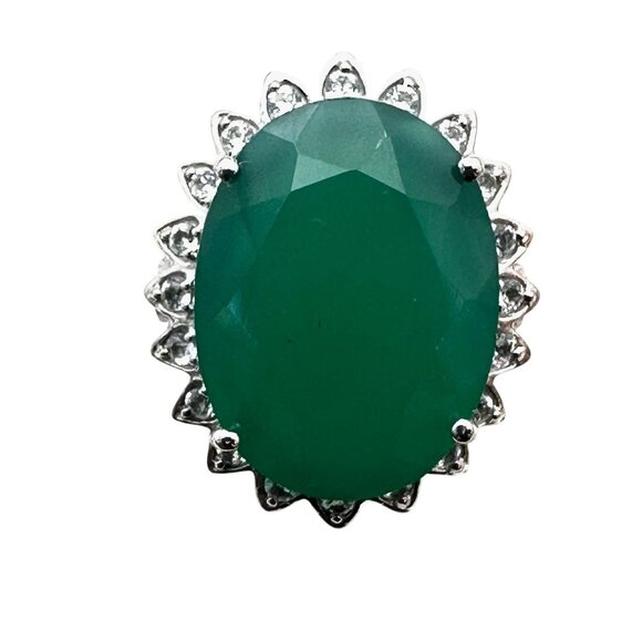 Oval Green Jade White Spinel Gemstone Statement Ring Sterling Silver Size 6 - Picture 2 of 6